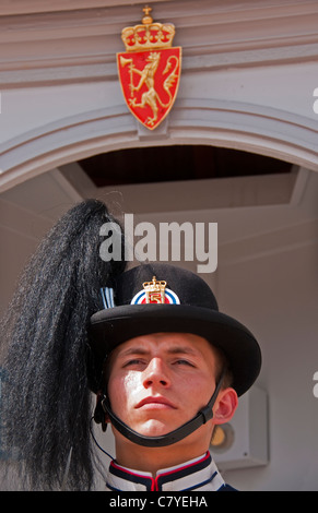 Sua Maestà il Re della guardia reale presso il Palazzo Reale di Oslo Foto Stock