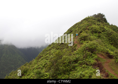 Una donna in esecuzione sul crinale Waihee Trail a Maui. Foto Stock