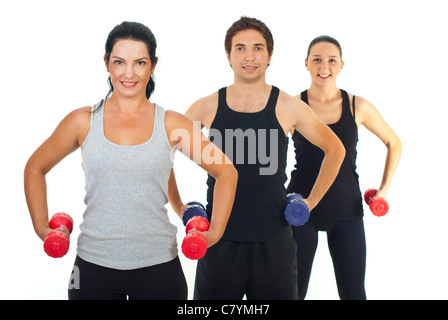 Gruppo di fitness di persone il sollevamento di pesi isolato su sfondo bianco Foto Stock