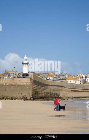 Una donna passeggiate con il cane in St Ives harbour con la marea, Cornwall, Inghilterra. Foto Stock