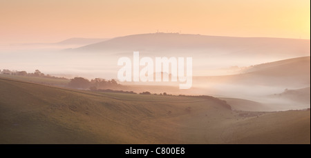 Prime nebbie autunnali in Steyning Bowl, South Downs National Park, West Sussex, in Inghilterra, Regno Unito Foto Stock