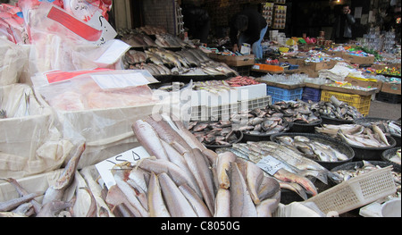 Saler venditore ambulante in Damasco, Strassenverkäufer in Damaskus Syrien Siria pesci Fisch Foto Stock
