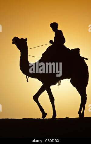 Silhouette di uomo e cammello sunrise deserto di Thar vicino Khuri Rajasthan in India Foto Stock