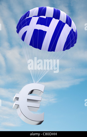 Parachute con la bandiera greca su di esso tenendo un simbolo valuta euro Foto Stock