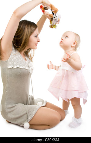 Madre e figlia giocando con il dito fantoccio. Foto Stock