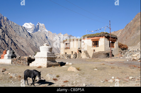 Un piatto tradizionale col tetto di casa sulla strada da Kargil nello Zanskar valley. Legno per combustibile e il fieno vengono memorizzati sul tetto Foto Stock