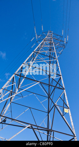 Elettricità pilone rete nazionale fornitore di elettricità contro un cielo blu chiaro senza nuvole Inghilterra GB UK Europa Foto Stock