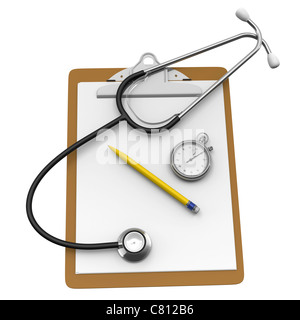 Lo stetoscopio e appunti con la penna e il cronometro su sfondo bianco Foto Stock