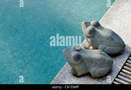 Paesaggio di pietra scolpita rane ornamentali rivolti a nord ovest di piscina con acqua blu spazio raccolto spazio copia e in posizione orizzontale Foto Stock