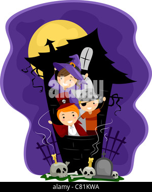 Illustrazione di bambini in una Haunted House Foto Stock