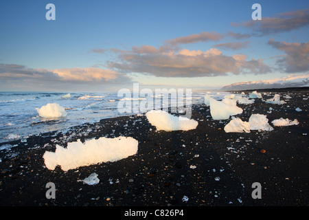 Grandi pezzi di ghiaccio del ghiacciaio sulla spiaggia di sabbia nera, Jökulsárlón, Islanda. Foto Stock