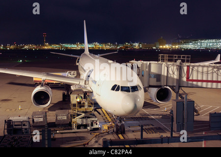 Aereo aereo non marcato parcheggiato al suo cancello presso il Terminal 4 dell'Aeroporto di Heathrow, con carico aereo a bordo. Logistica del trasporto aereo. Foto Stock