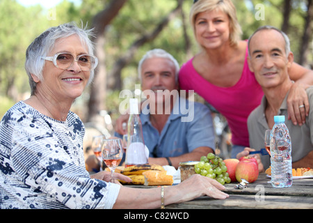 Senior donna avente un picnic con gli amici Foto Stock