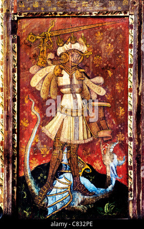 Ranworth, Norfolk, rood screen, San Giorgio che uccide il drago medievale inglese schermi dipinti di pittura dipinta pannelli pannello Foto Stock