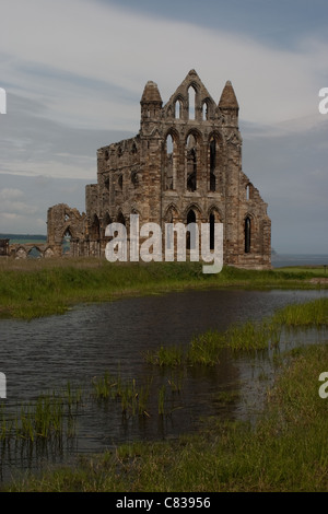 Whitby Abbey a attraverso lo stagno Foto Stock