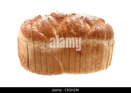 Bianco a fette di pane croccante su uno sfondo bianco. Foto Stock