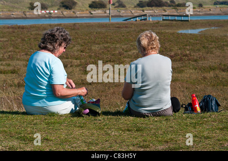 Vista posteriore di 2 donne anziane persone sedute sul prato di sole estate sole godendo un picnic Foto Stock