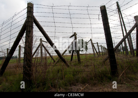 Elettrificata di filo spinato che circonda Majdanek campo di concentramento, Lublin, Polonia Foto Stock