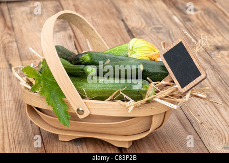 Appena raccolto la zucchina disposizione nel cesto in legno Foto Stock