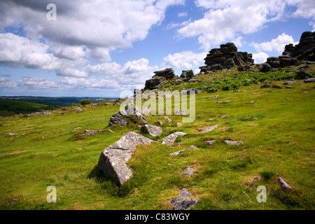 Hound Tor, un alterato pesantemente affioramento di granito sul Parco Nazionale di Dartmoor, Devon, Regno Unito Foto Stock