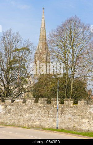 La Cattedrale di Salisbury da St Nicolas Road, Salisbury, Wiltshire, Inghilterra, Regno Unito Foto Stock