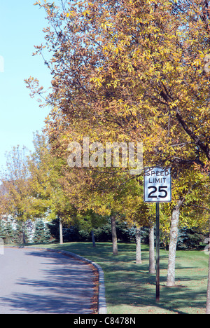 25 mph segnale di limite di velocità su una giornata autunnale, South Burlington, Vermont, USA Foto Stock