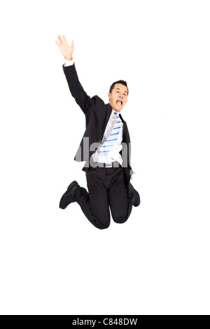 Happy businessman asiatica del salto e isolato Foto Stock