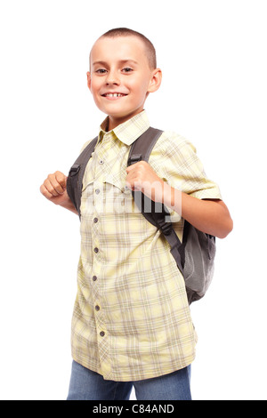 Ritratto di una scuola per bambini con zaino isolati su sfondo bianco Foto Stock