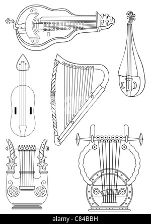 Diverse stringhe di antichi strumenti - Arpa - Lyra Foto Stock