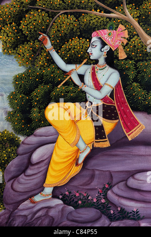 Krishna raffigurato su un indiano il dipinto a olio su tela Foto Stock