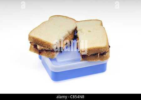 Burro di arachidi e gelatina in sandwich di pane bianco sulla parte superiore del pranzo in plastica scatola contenitore. Foto Stock