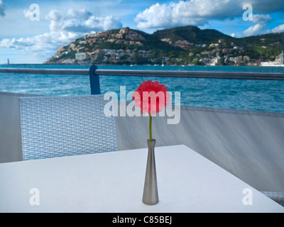 Il ristorante al fresco a tavola con vista mare in Puerto Andratx Maiorca Isole Baleari Spagna Foto Stock