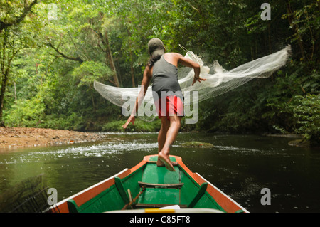 Iban uomo getta la sua rete da pesca in Batang Ai National Park in Sarawak, Borneo Malaysia Foto Stock