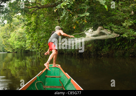 Iban uomo getta la sua rete da pesca in Batang Ai National Park in Sarawak, Borneo Malaysia Foto Stock