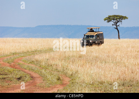 Safari veicolo, Masai Mara riserva nazionale, quartiere Narok, Rift Valley Provincia, Kenya Foto Stock