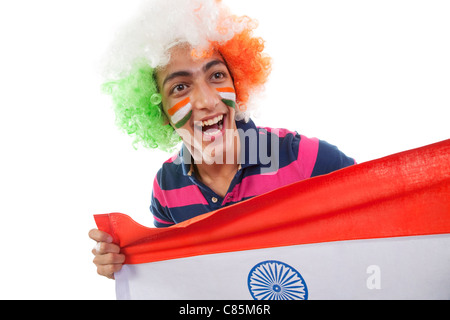 Ragazzo il tifo per il team indiano Foto Stock