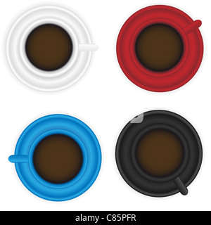 Tazze di caffè isolato su bianco in rosso, blu, bianco e nero Foto Stock