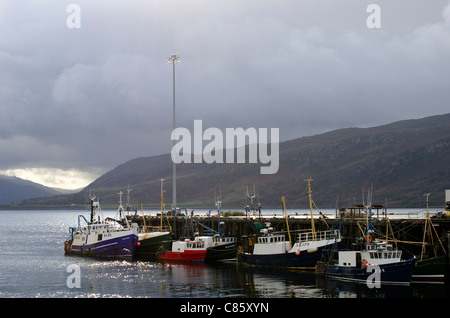 Vista di Ullapool Harbour e il lungomare che mostra cottages con close up viste in dettaglio delle conchiglie. Foto Stock