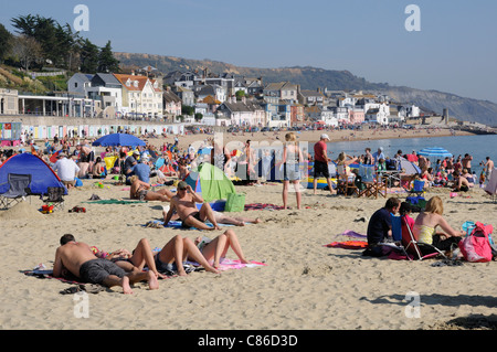Spiaggia affollata di scena a Lyme Regis un Dorset Inghilterra località balneare della Jurassic Coast in Inghilterra meridionale REGNO UNITO Foto Stock