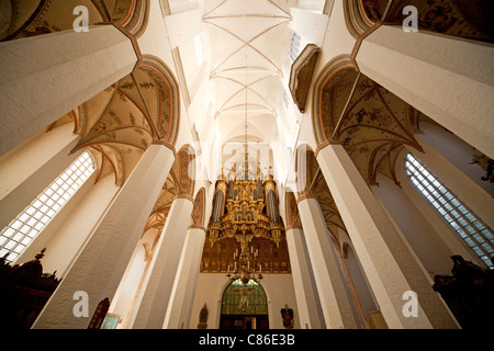 Famosa chiesa organo costruito da Friedrich Stellwagen all'interno della Marienkirche o la chiesa di Santa Maria, Stralsund, Germania Foto Stock