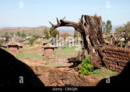 Tradizionale costruito in pietra con il tetto di paglia tukuls intorno alle chiese rupestri di Lalibela, l'Etiopia settentrionale, Africa. Foto Stock