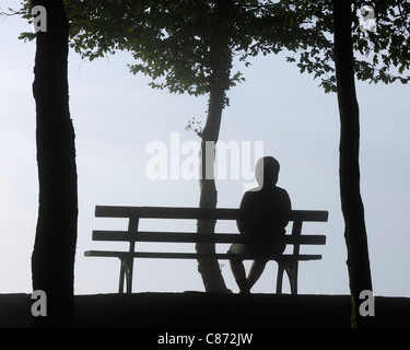 Silhouette di donna seduta su un banco di lavoro, Calmont, Bremm, Cochem-Zell, Renania-Palatinato, Germania Foto Stock