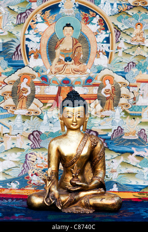 Statua del Buddha nella parte anteriore di un buddista tibetana Thangka / Tanka pittura Foto Stock