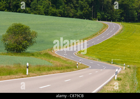 Germania, Baden-Württemberg, Weikersheim, vista del paese di ritorcitura road vicino al bosco Foto Stock