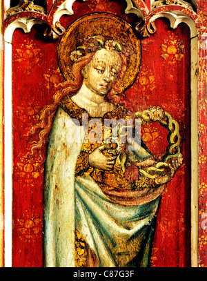 Filby, Norfolk, rood screen, Cecilia, femmina dettaglio saint santi medievale inglese schermi dipinti di verniciatura pannello verniciato Foto Stock