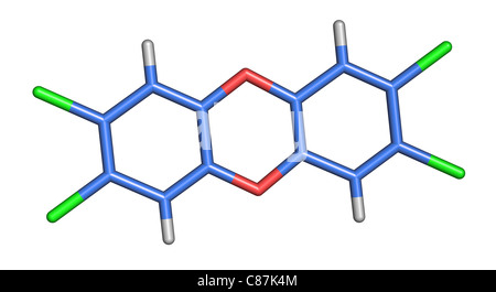 Molecola di diossina - dibenzo-p-diossine (PCDD), o semplicemente, ma impropriamente, diossine. Foto Stock