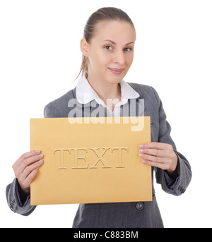 Office manager tenendo una grande busta marrone Foto Stock