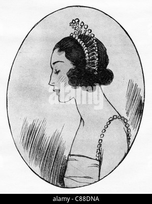 Illustrazione Moda circa 1922. Oro e corallo copricapo nello stile dei raggi del sole al tramonto. Foto Stock