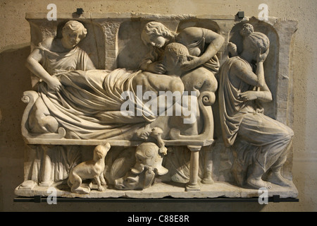 La morte di Meleagro al rilievo romano dal II secolo D.C. da Collezione Borghese in mostra al Museo del Louvre a Parigi, Francia. Foto Stock