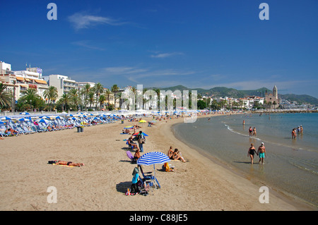 Platja de la Ribera, Sitges, provincia di Barcelona, Catalogna, Spagna Foto Stock